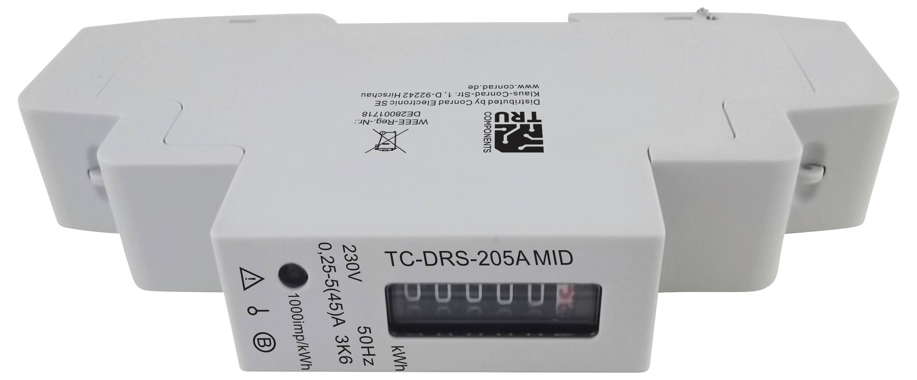 Bela električna naprava z oznako »TC-DRS-205A MID« s sprednjim števčem in specifikacijami 230V, 50Hz.