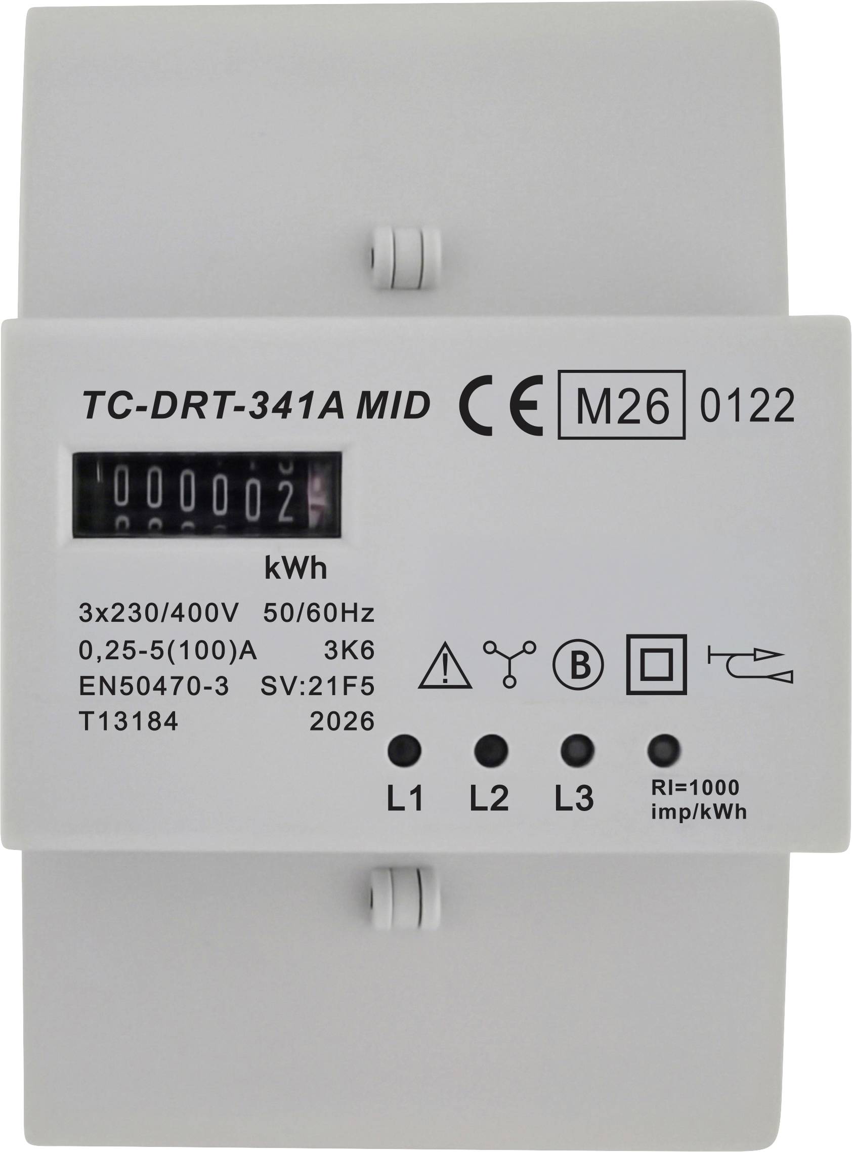 Merilnik električne energije z oznako "TC-DRT-341A MID" z digitalnim zaslonom kWh, znakom CE in trifaznimi kazalniki L1, L2, L3.