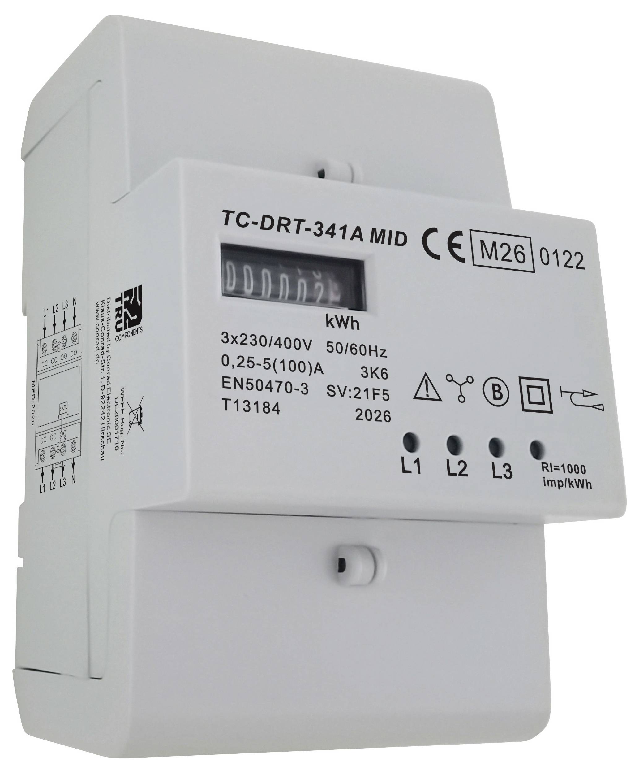 Bela trifazna merilnika električne energije z digitalnim kWh števcem in nalepko modela TC-DRT-341A MID na sprednji strani.