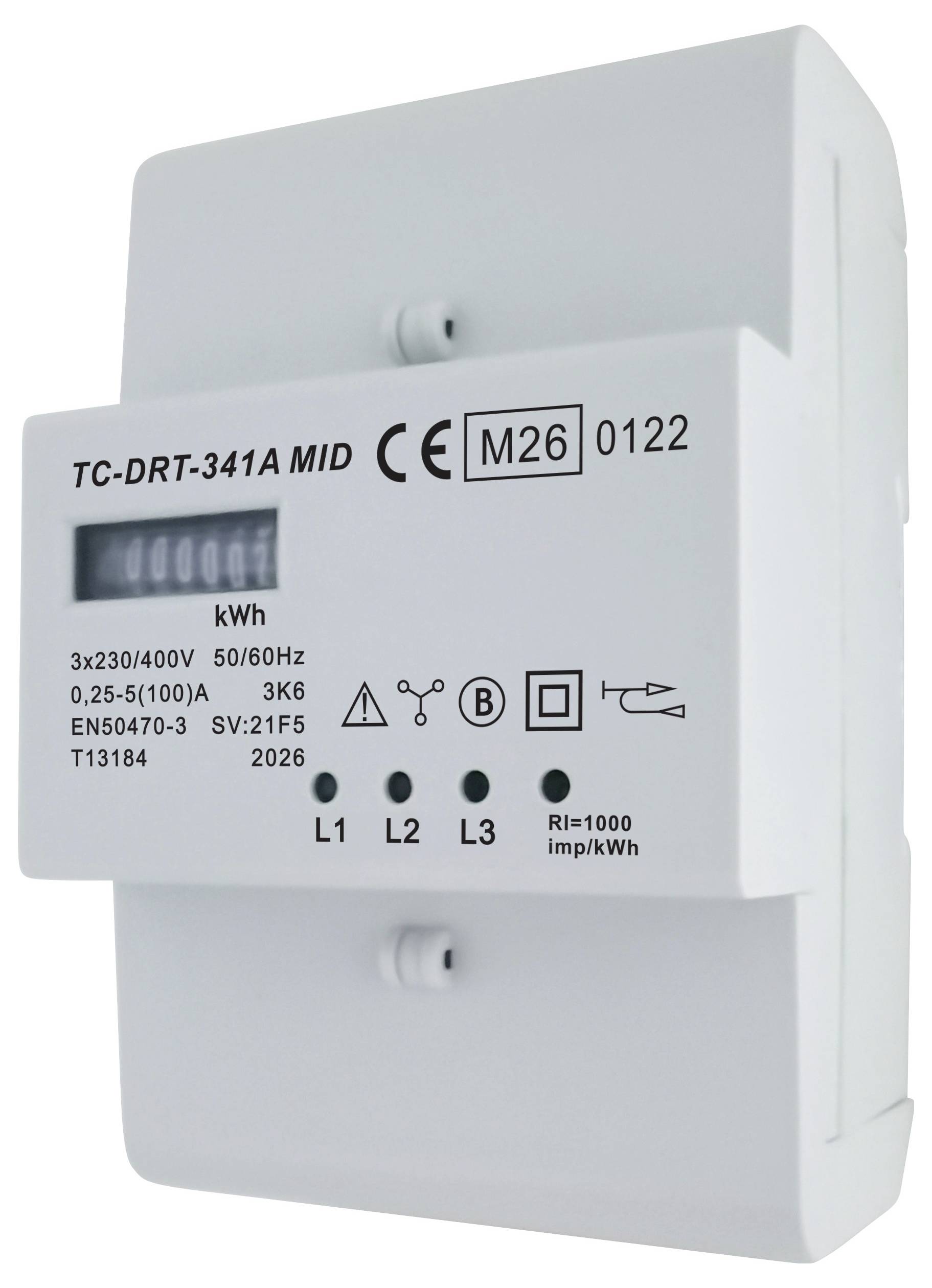 Digitalni elektromer z oznako 'TC-DRT-341A MID', ki prikazuje porabo v kWh, z LCD zaslonom in indikatorji L1, L2, L3.