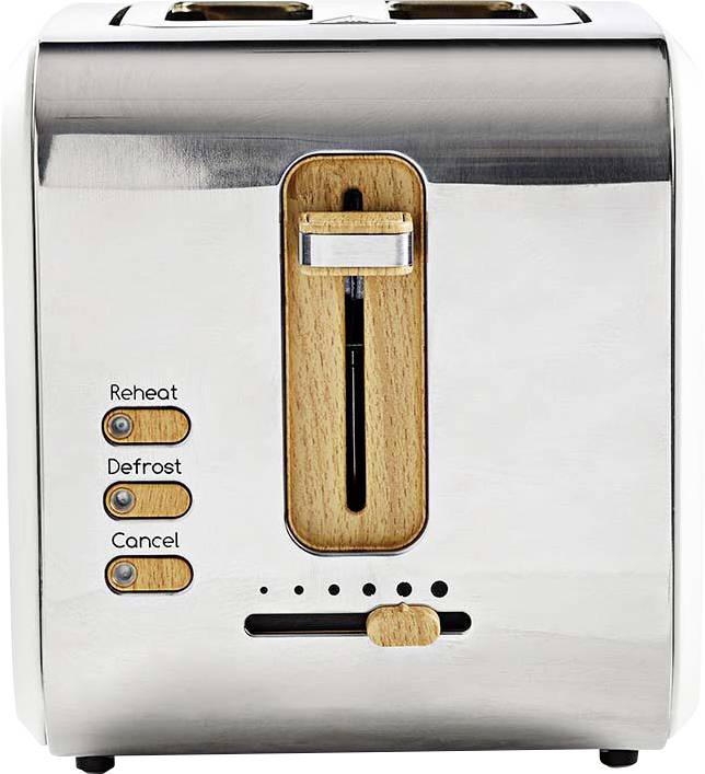 Nerjavni toaster iz nerjavečega jekla z lesenimi dodatki, ki ima gumbe za 'Ponovni žar', 'Odtajanje', 'Preklic' in nastavljivo številčnico za stopnjo porjavitve.