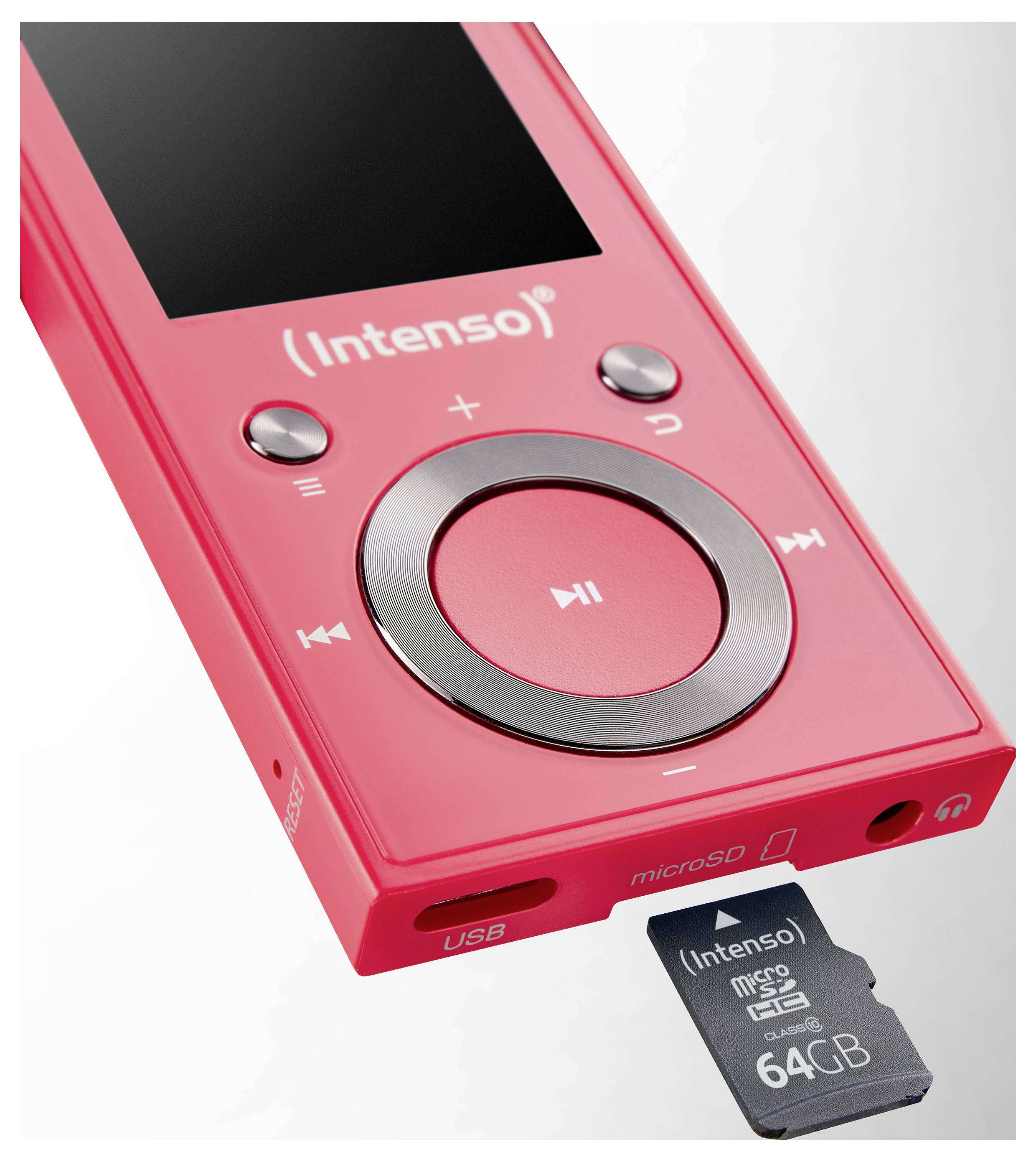 Rdeč Intenso MP3 predvajalnik z zaslonom in kontrolnimi gumbi, na katerem je delno vstavljena 64GB microSD kartica.