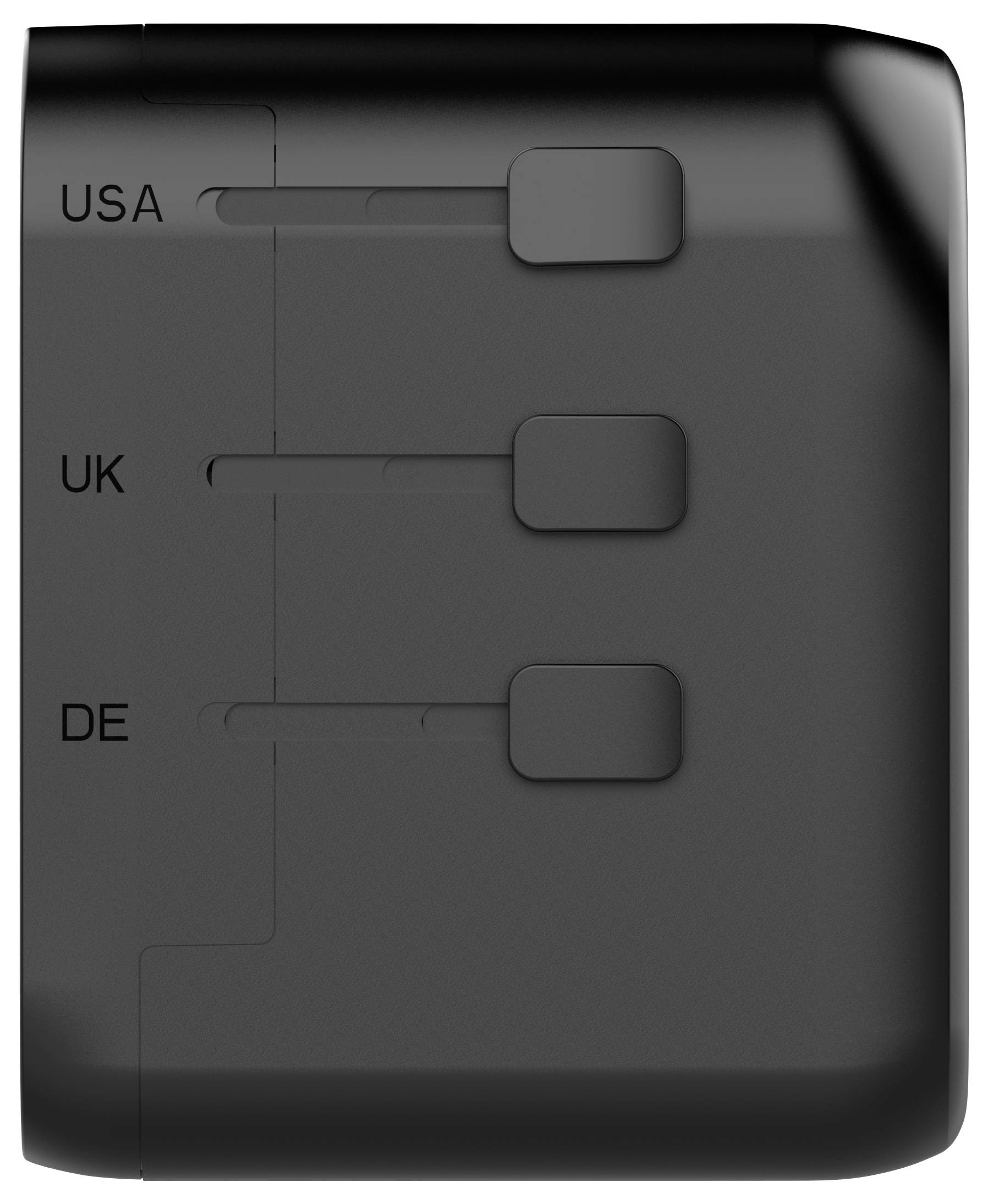 Črni univerzalni potovalni adapter s drsniki, označeni z 'USA,' 'UK' in 'DE' za izbiro ustreznega tipa vtiča.