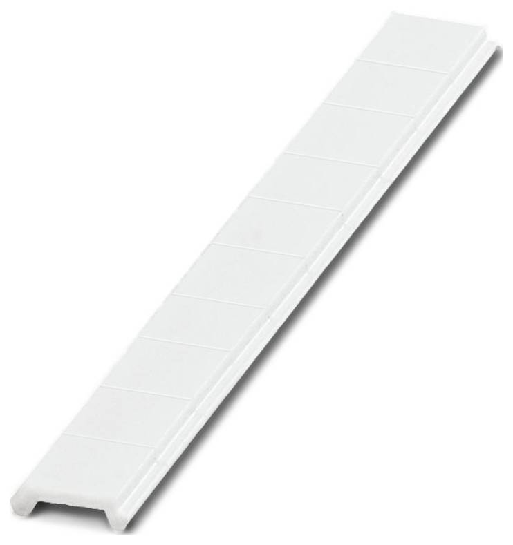 Bela plastična pokrivka za kabelske kanale, zasnovana za prikrivanje in zaščito žic, z gladko površino in pravokotno obliko.