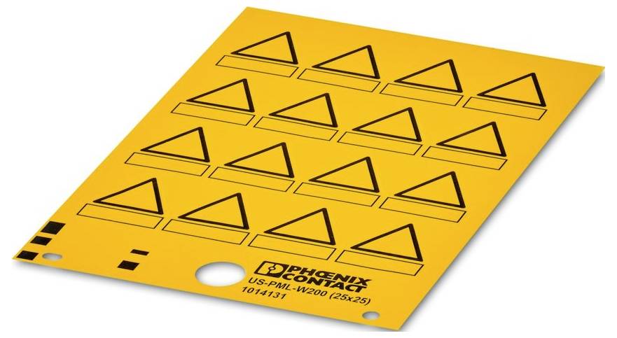 Rumena list z odlepljivimi trikotnimi opozorilnimi nalepkami, vsaka s črno obrobo. Spodaj so logotip "PHOENIX CONTACT" in podrobnosti o proizvodu.
