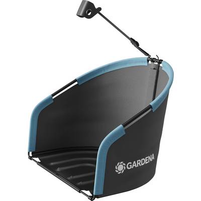 Vrtni zabojnik za zeleni odpad Gardena, ovalne oblike s podpornim stojalom in ročajem za enostaven prenos, označen z blagovno znamko 'Gardena'.