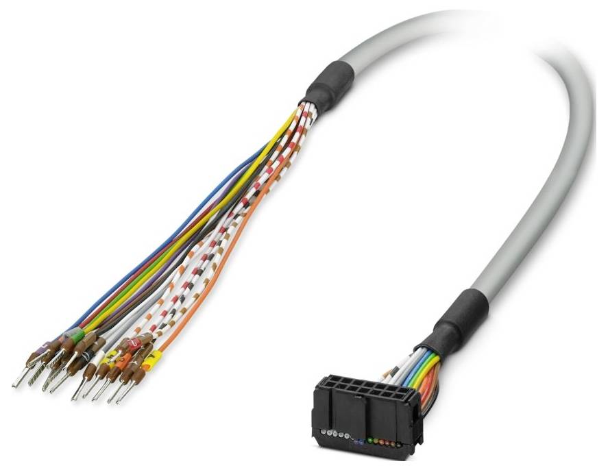 Večbarvni kabelski snop s terminalnimi priključki na enem koncu in črno plastično priključno ploščico na drugem koncu, uporabljen za elektroniko.
