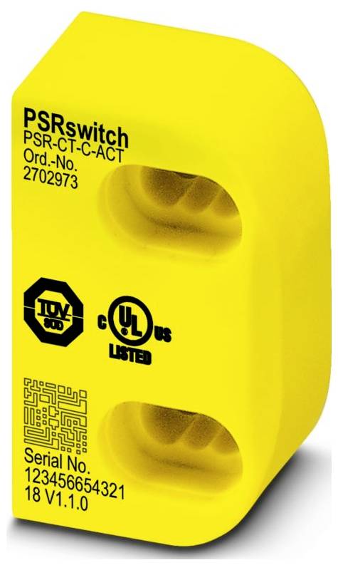 Rumeni PSR stikalo z dvema krožnima vdolbinama, označeno z 'PSRswitch PSR-CT-C-ACT'. Vsebuje logotipe za varnost in skladnost ter serijsko številko.