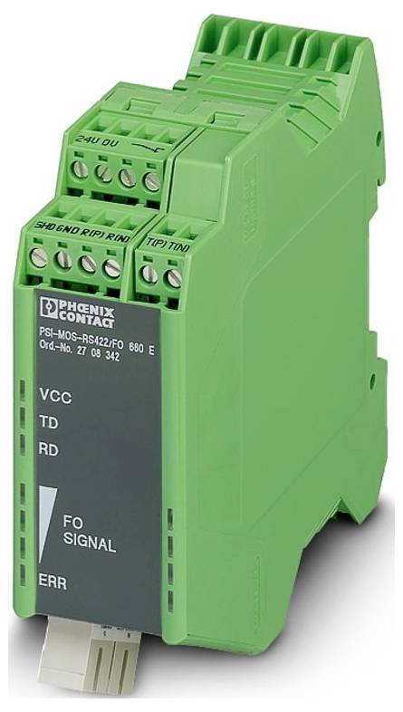 'Pretvornik Green Phoenix Contact model PSI-MOS-RS422/FO E' z več priključki in oznakami: VCC, TD, RD, FO SIGNAL, ERR.