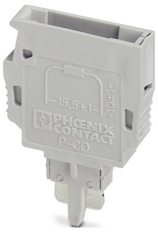 Siv priključek Gray Phoenix Contact P-CO s tiskani številkami in črkami, ki ima specifično konfiguracijoза električne povezave.