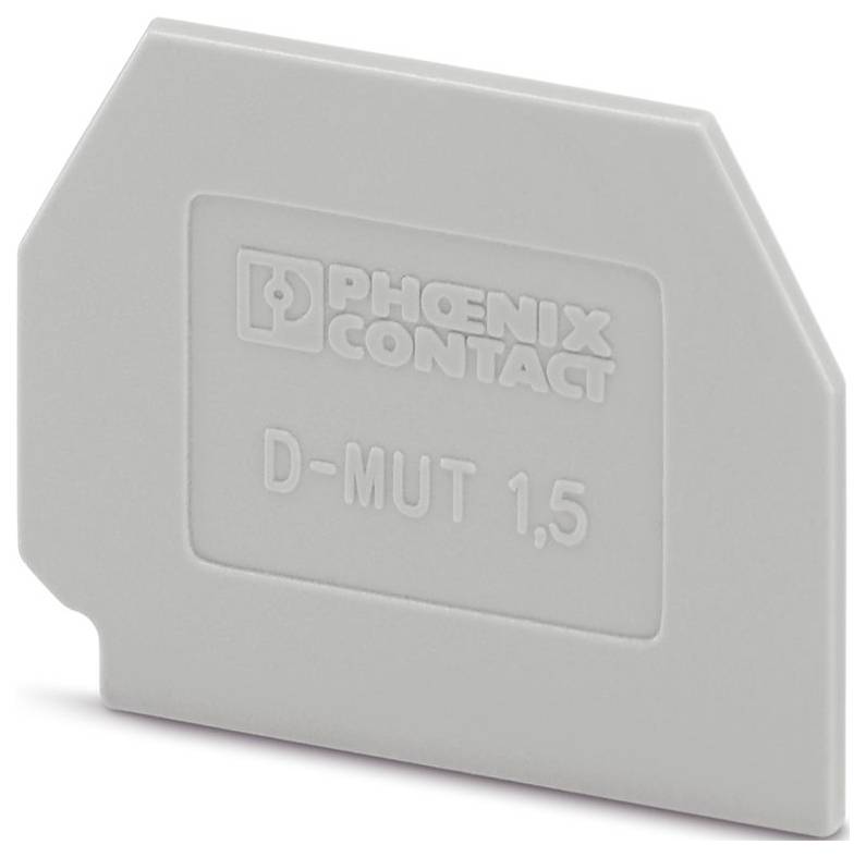 Siva zaključna kapa Phoenix Contact z oznako 'D-MUT 1,5', ki se uporablja za zapiranje terminalnih blokov, kar zagotavlja varnost in izolacijo v električnih napravah.