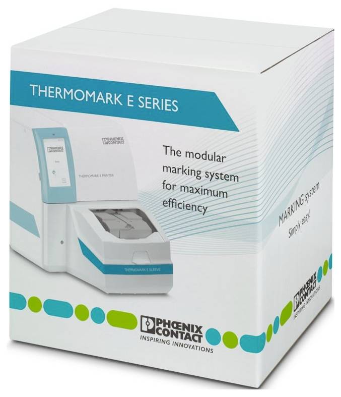 Slika prikazuje škatlo za 'THERMOMARK E SERIES', modularni označevalni sistem podjetja Phoenix Contact, ki poudarja največjo učinkovitost in enostavno označevanje.