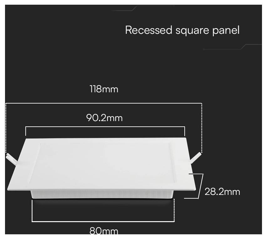 Diagram vdolbenega pravokotnega panela z dimenzijami: 118 mm dolžina, 80 mm širina, 28,2 mm višina; vdolbena površina je 90,2 mm.