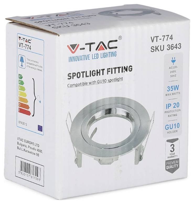 Škatla za vgradni reflektor V-TAC za GU10 reflektorje. Glavni poudarki vključujejo 35W moč, IP20 zaščito in 3-letno garancijo.
