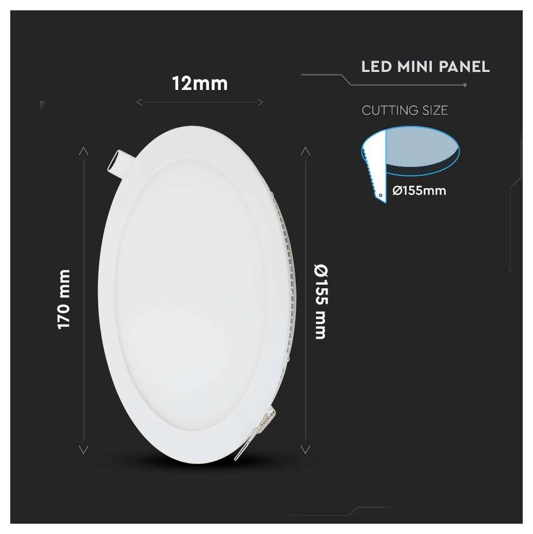 LED Mini Panel s premerom izreza 155 mm in debelino 12 mm. Celoten premer plošče je 170 mm.