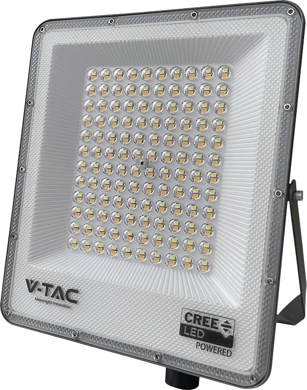 Kvadratna LED reflektorska svetilka blagovne znamke V-TAC s 100 majhnimi žarnicami, razporejenimi v mrežo, z kovinskim stojalom za pritrditev.