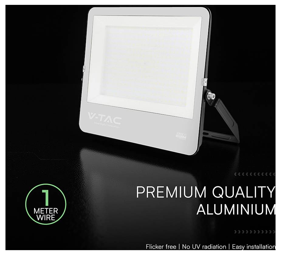 LED reflektor z oznako 'V-TAC Premium Quality Aluminium' s stojalom. Besedilo navaja: '1 meter vodnika', 'Brez utripanja', in 'Brez UV sevanja'.