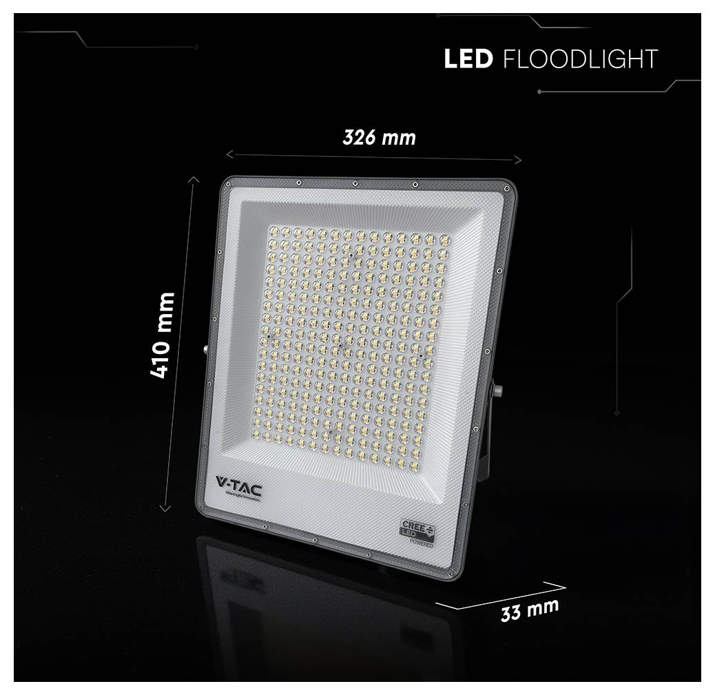 Kvadratni LED reflektor velikosti 410 mm krat 326 mm krat 33 mm, s številnimi majhnimi žarnicami na površini. Besedilo: 'LED Reflektor', 'V-TAC'.