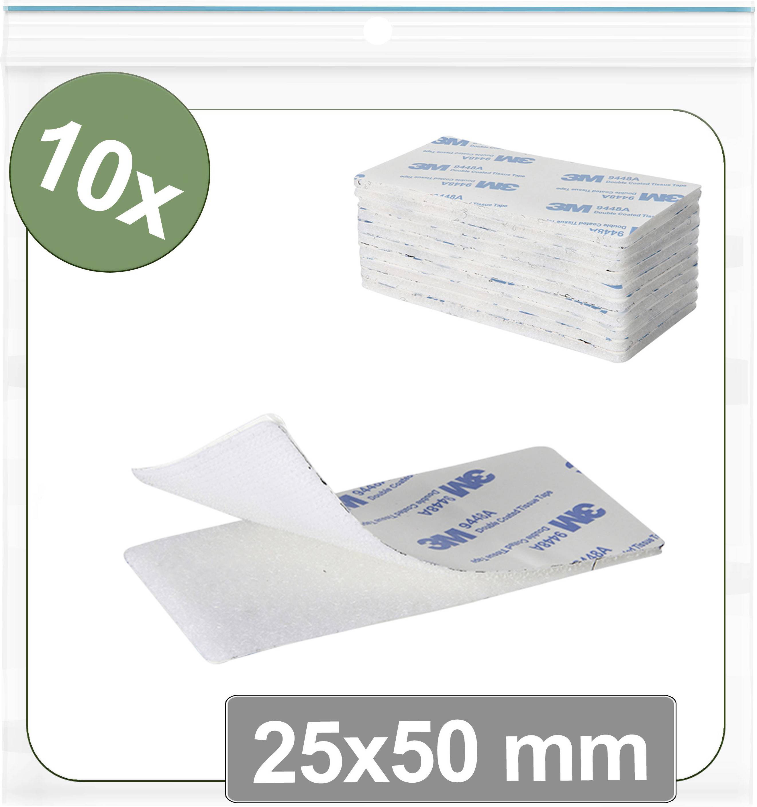10x 25x50 mm lepilne blazinice v paketu; detajlni posnetek prikazuje eno blazinico, ki se lušči in razkriva lepljivo stran.
