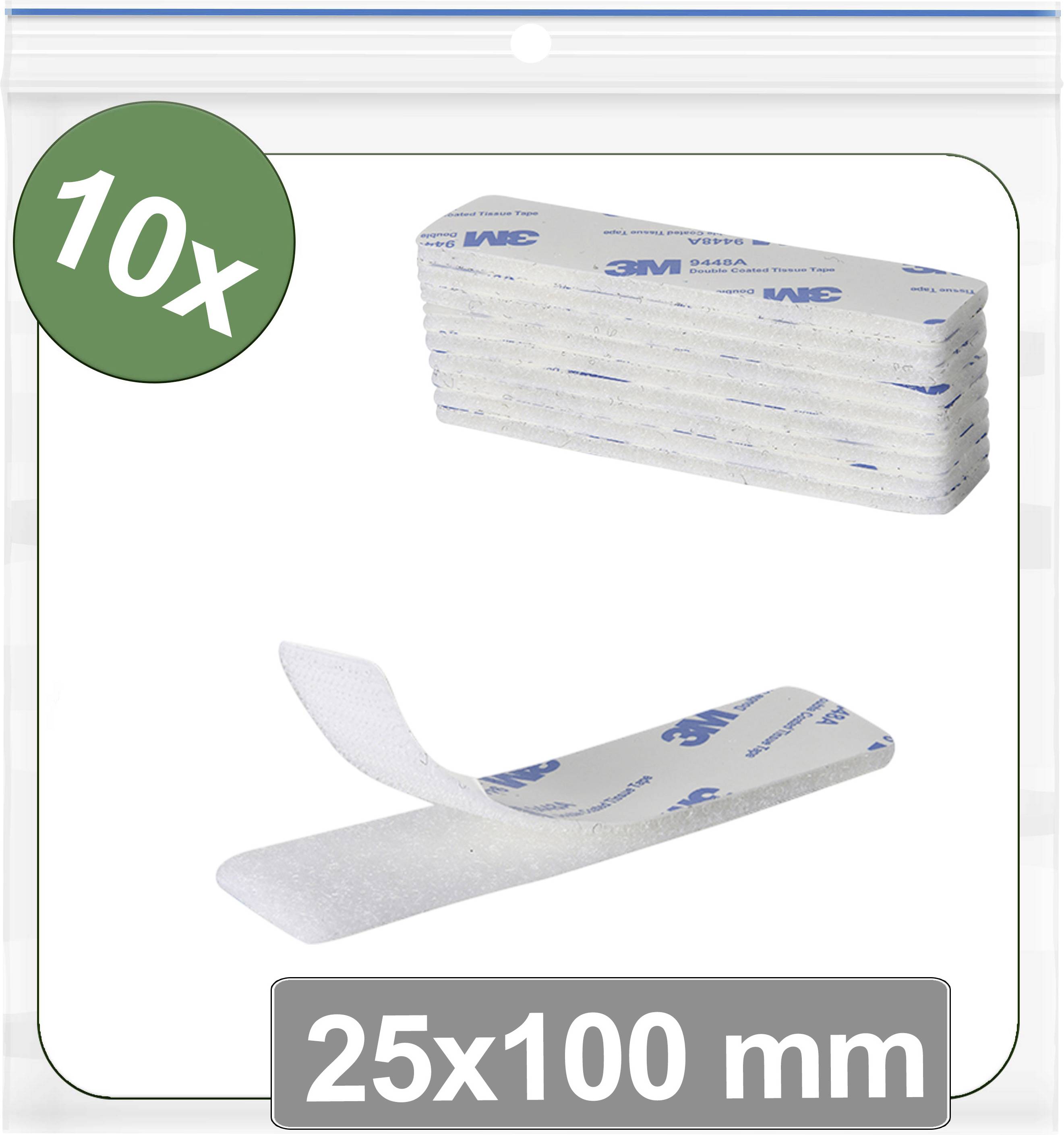 Paket 10 samolepilnih trakov, vsak velikosti 25x100 mm. Trakovi so bele barve z vidnim logotipom 3M, namenjeni pritrjevanju ali vezanju.