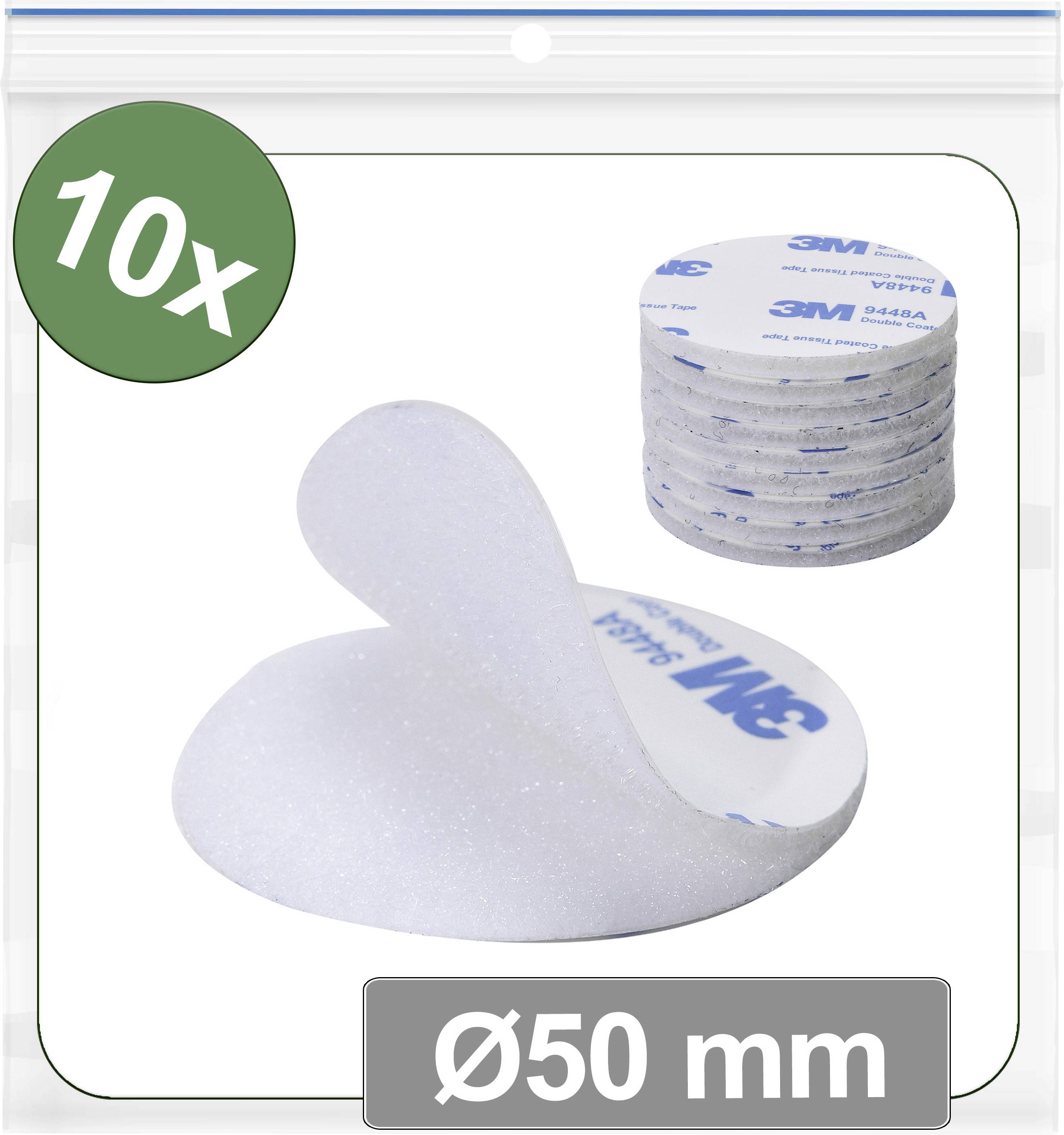 '10x 50 mm okrogle samolepilne blazinice' prikazano na embalaži, s sliko zložene serije in posamezno blazinico, delno odlepljeno za prikaz teksture.