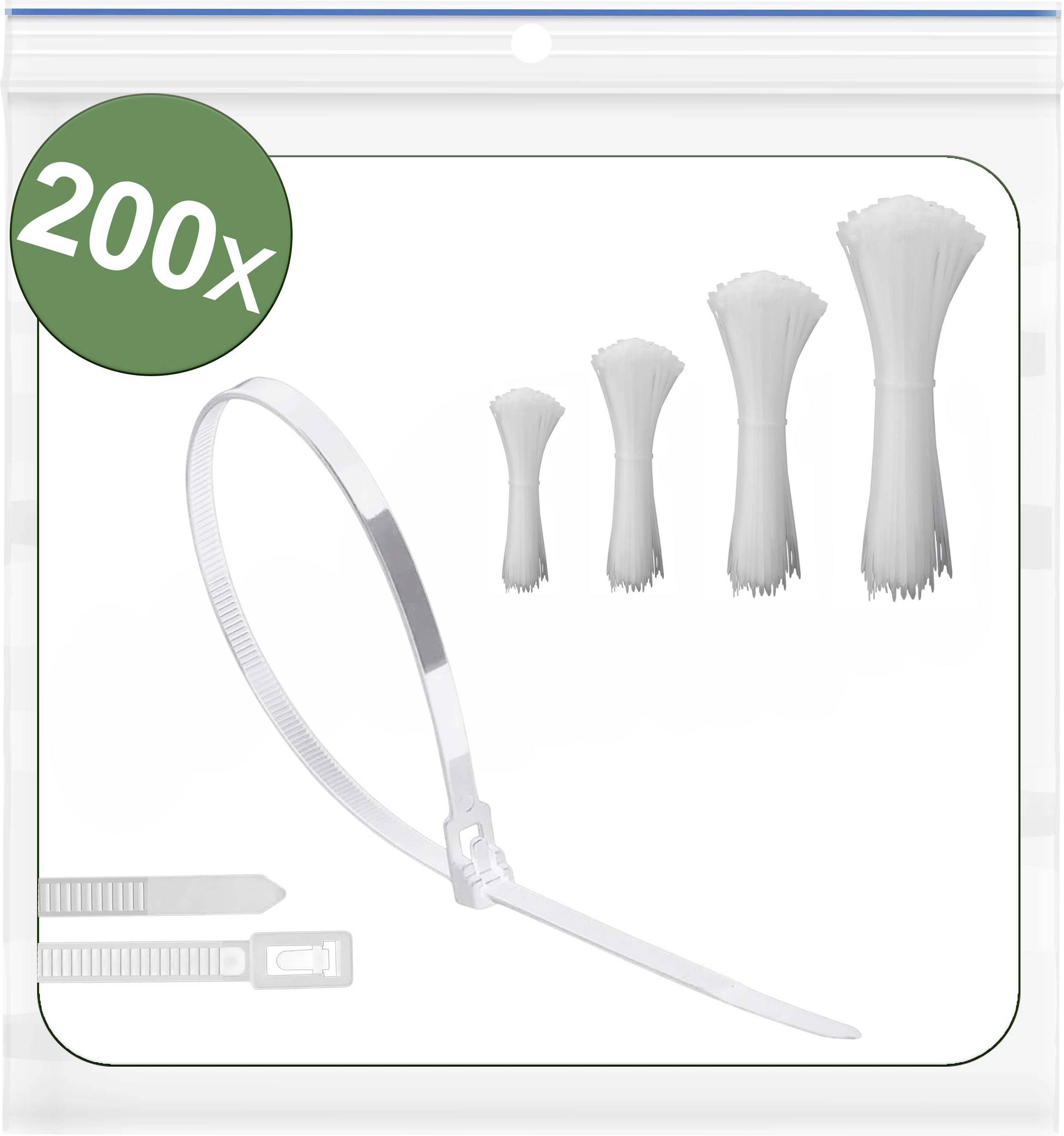 Paket 200 belih kabelskih vezic v različnih velikostih, prikazan v prozorni plastični vrečki z zadrgo, z zeleno nalepko '200x' v kotu.