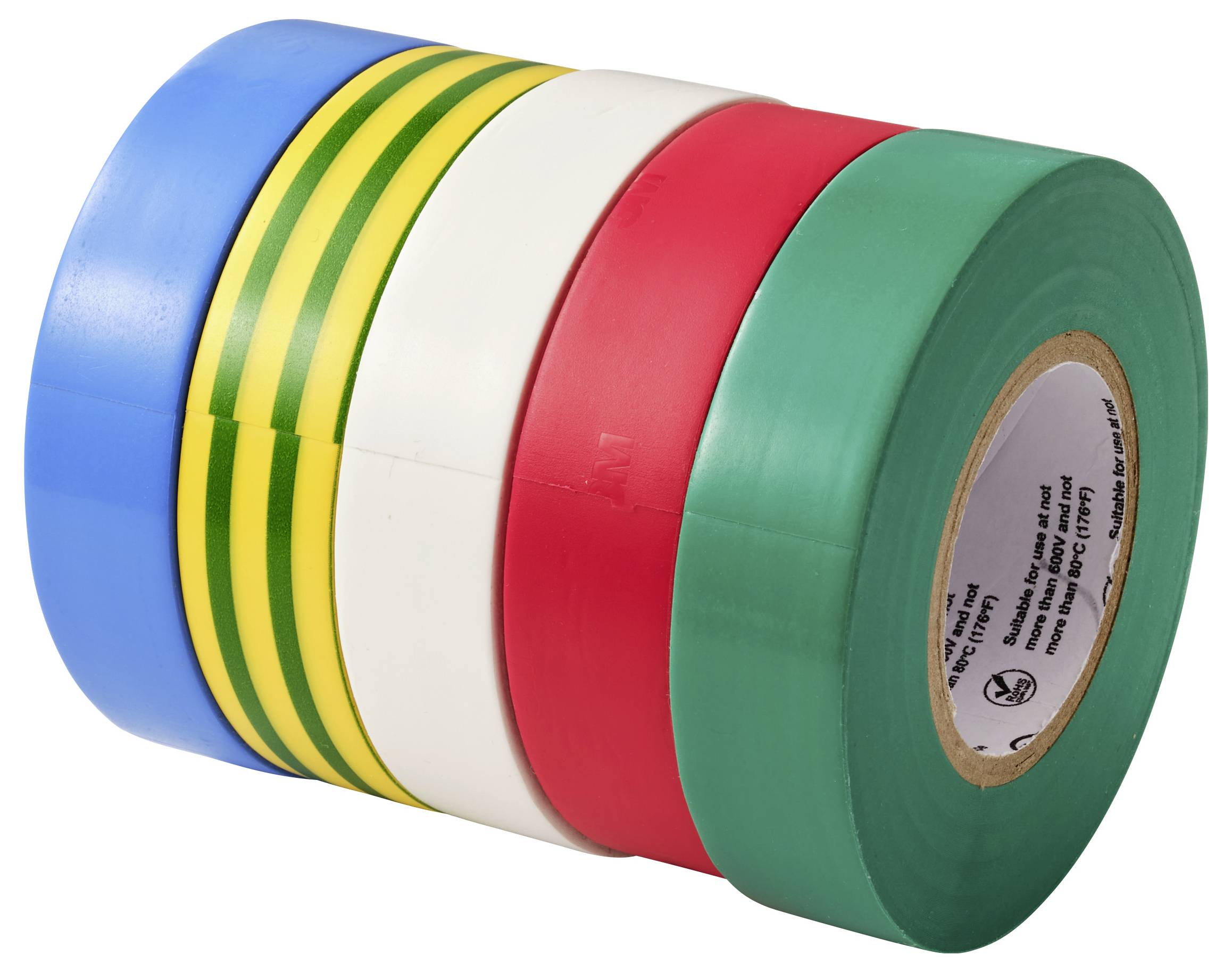 Pet zvitkov barvne trakove: modra, rumena s puščavami, bela, rdeča in zelena, zloženi drug poleg drugega.