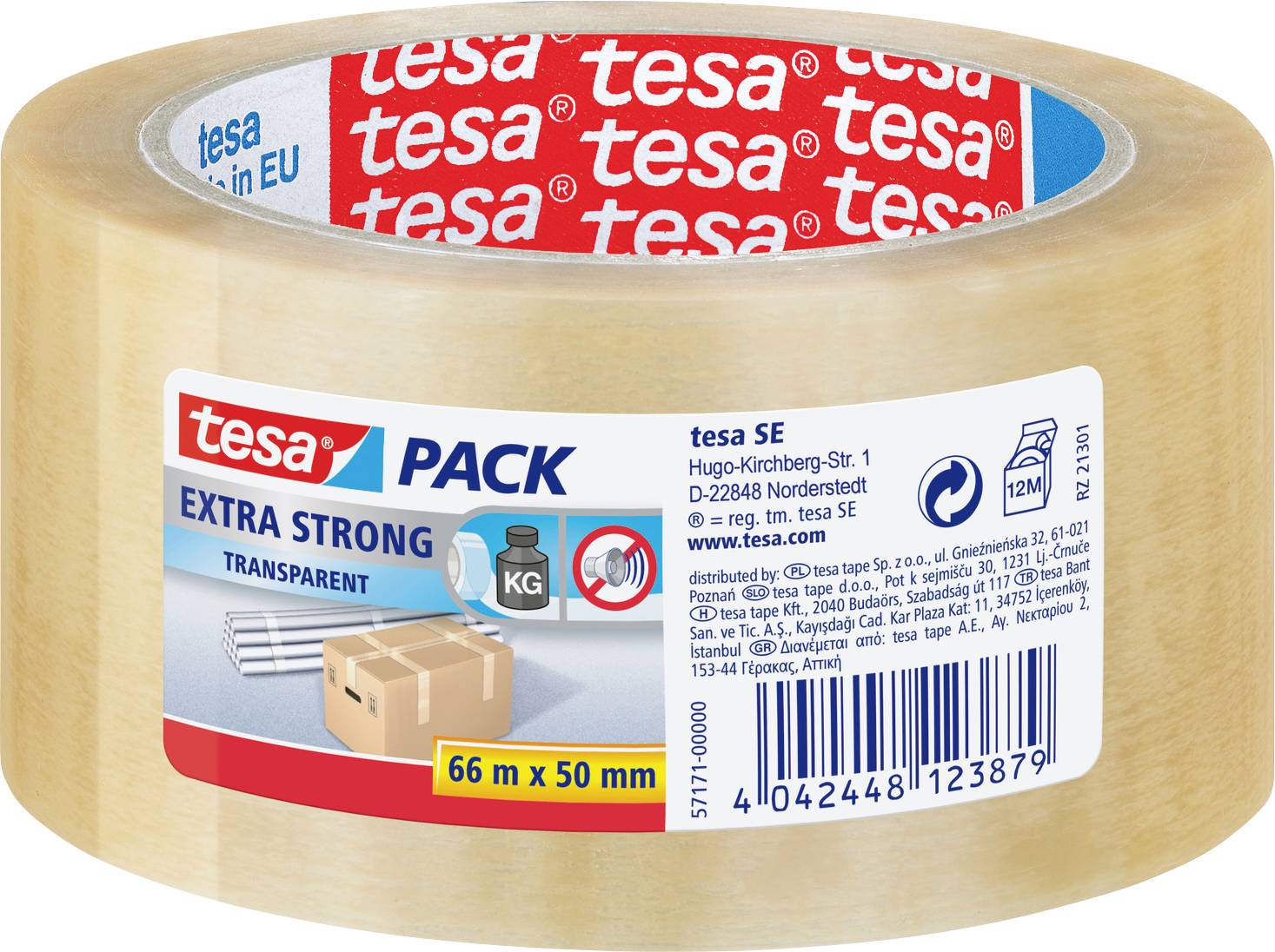 Prozorna rolica lepilnega traku s prijavo: 'tesa Pack' 'Extra Strong', 66m x 50mm. Primerna za težke pošiljke, izdelana v EU.