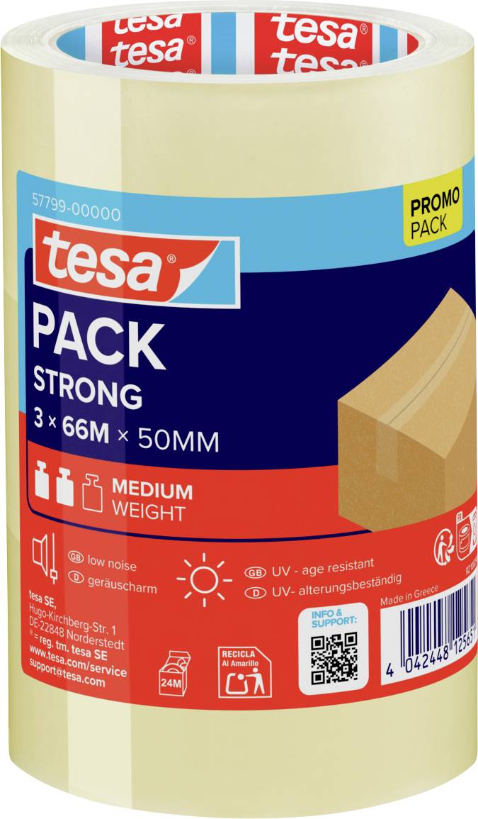 Rola tesnega PACK STRONG lepilnega paknega traku, 66 m x 50 mm, v promocijskem pakiranju za srednje težke pakete.
