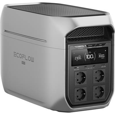 Prenosna elektrarna znamke 'EcoFlow' s štirimi priključki in LED zaslonom, ki prikazuje ravni napajanja in metriko porabe.
