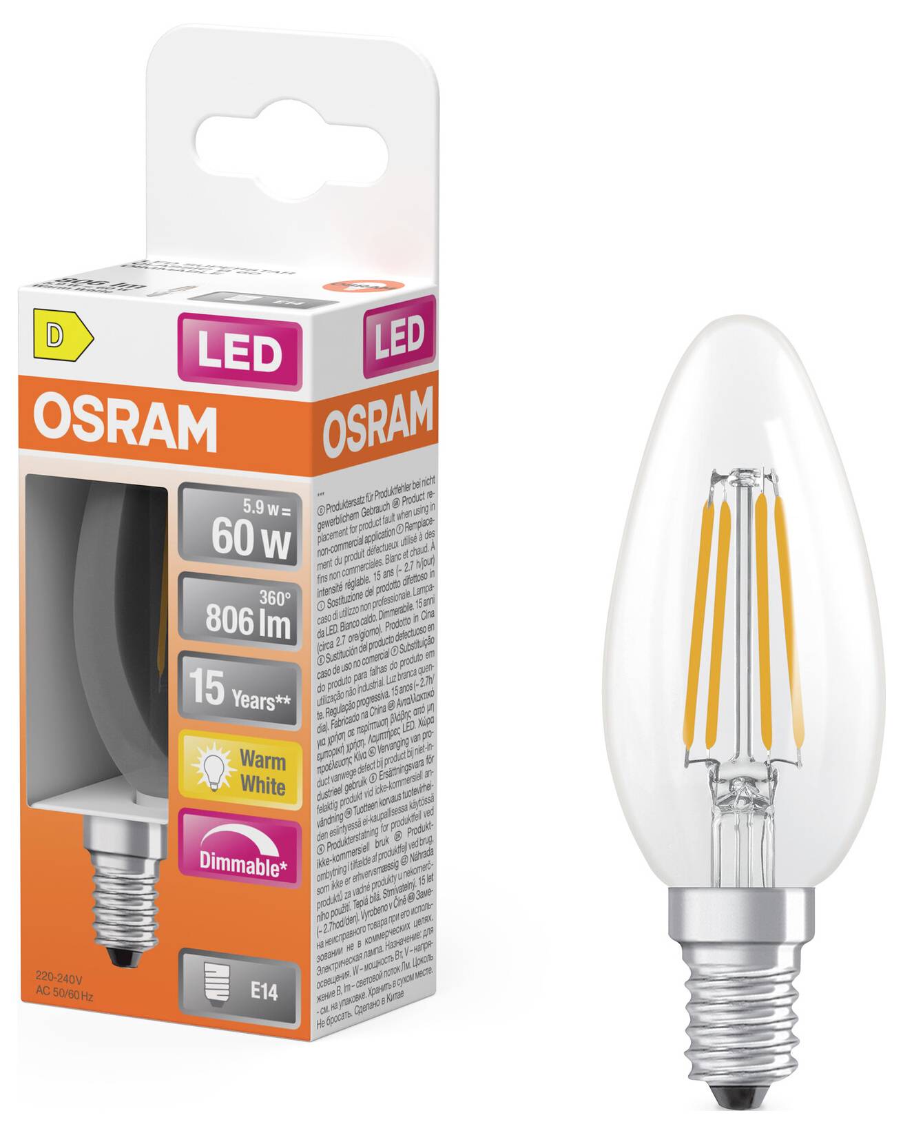Prozorna LED žarnica zraven svoje oranžno-bele embalaže, označena z 'OSRAM LED', s specifikacijami: 5,9 W, enakovredno 60 W, 806 lumnov, podnožje E14, življenjska doba 15 let.