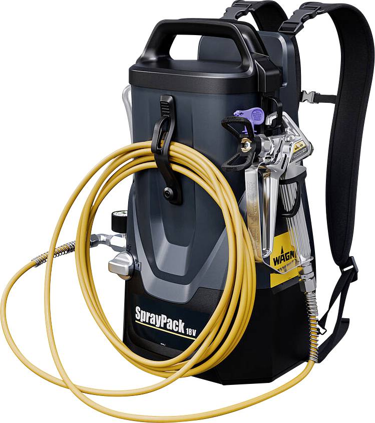 Hrbtni barvni pršilnik 'Wagner SprayPack 18V' z nastavljivimi trakovi, priključeno šobo in spiralno cevjo za vsestransko barvanje.