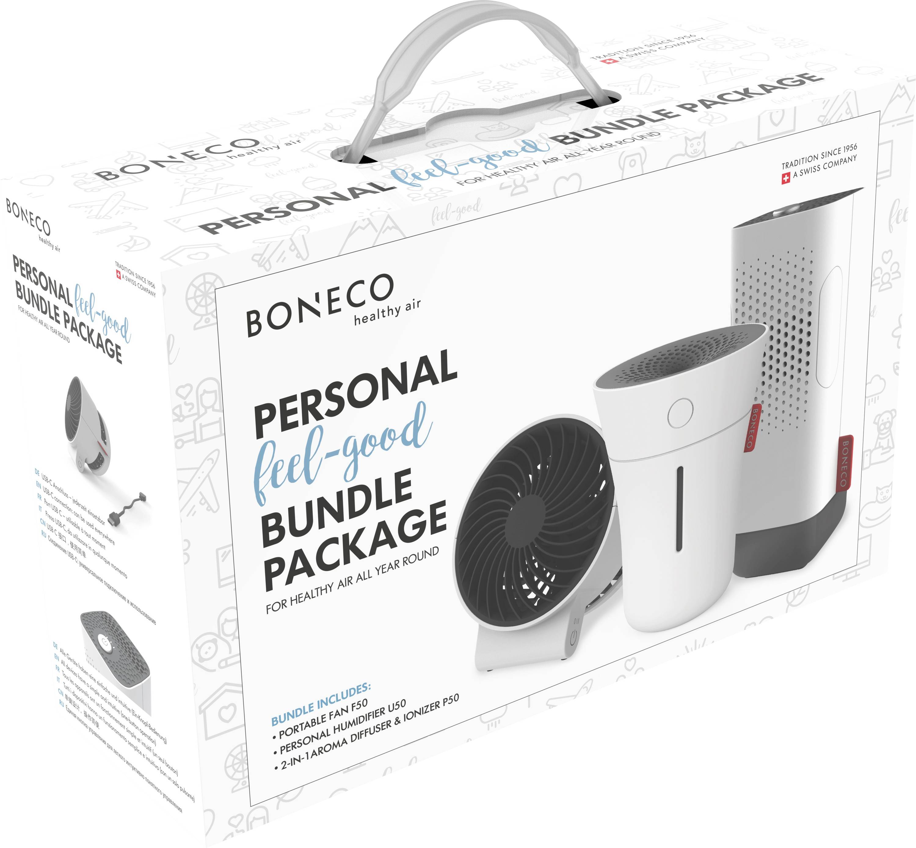 Komplet 'Boneco Personal Feel-Good Bundle' z ventilatorjem, vlažilnikom zraka in aromadifuzorjem. Spodbuja zdravo air skozi vse leto. Paket prikazuje švicarski dizajn.