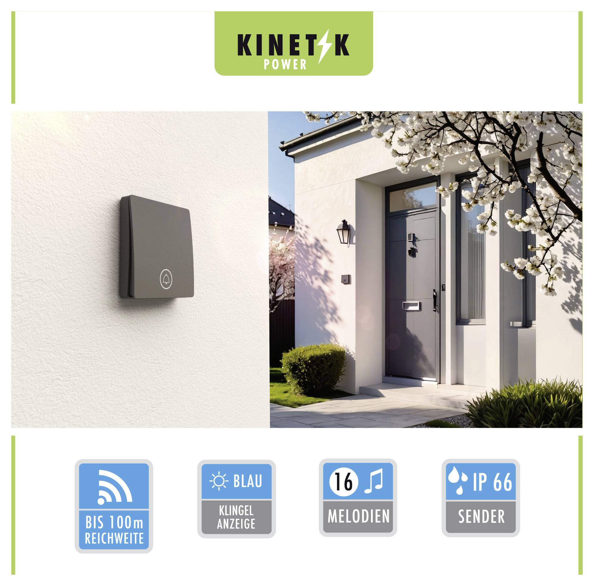 Brezžični zvonec Kinetik Power: elegantni sivi gumb nameščen na zunanji steni. Fotografija 2 prikazuje vhod v hišo. Funkcije vključujejo doseg do 100 metrov, modro svetlobno signalizacijo, 16 melodij, IP66 stopnjo zaščite.