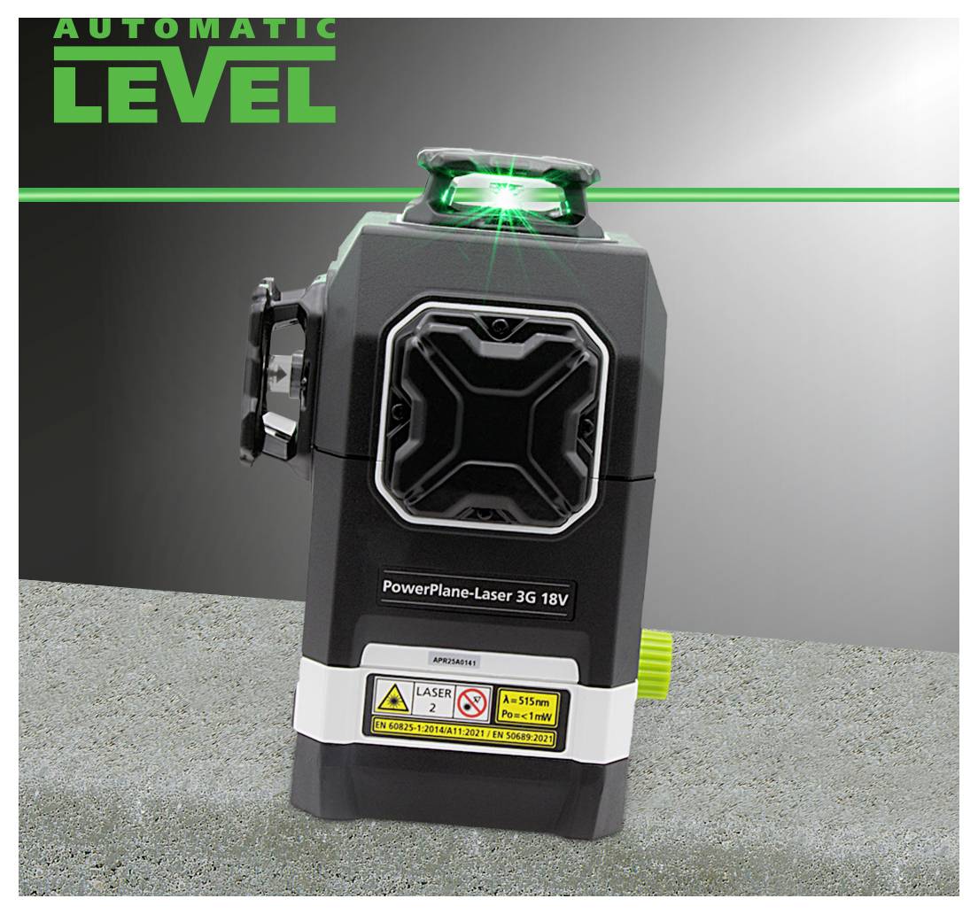 Laserski nivelir z zeleno horizontalno prečko in zeleno lučjo na vrhu, blagovne znamke 'AUTOMATIC LEVEL', model 'PowerPlane-Laser 3G 18V'.