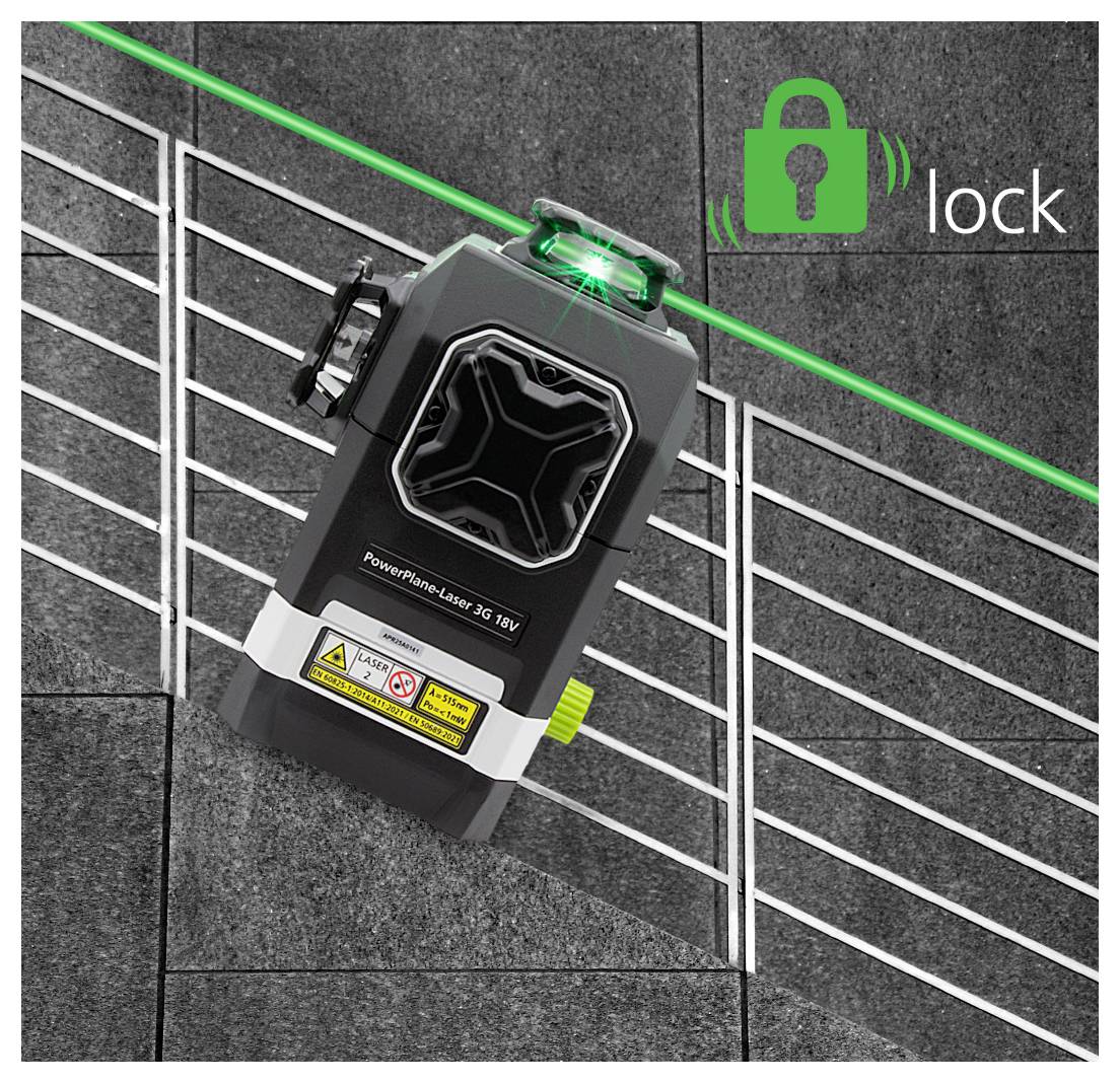 Zelena laserska nivelirna naprava projicira ravno črto čez ploščično površino. Beseda 'lock' z ikono ključavnice nakazuje stabilnost.