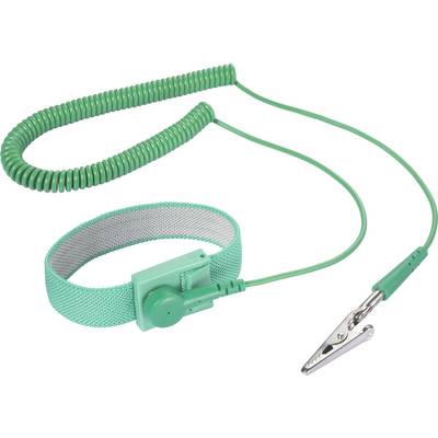 Zelena antistatična zapestnica s spiralno kablom in krokodilnim sponkom, ki se uporablja za preprečevanje elektrostatske razelektritve pri elektroniki.