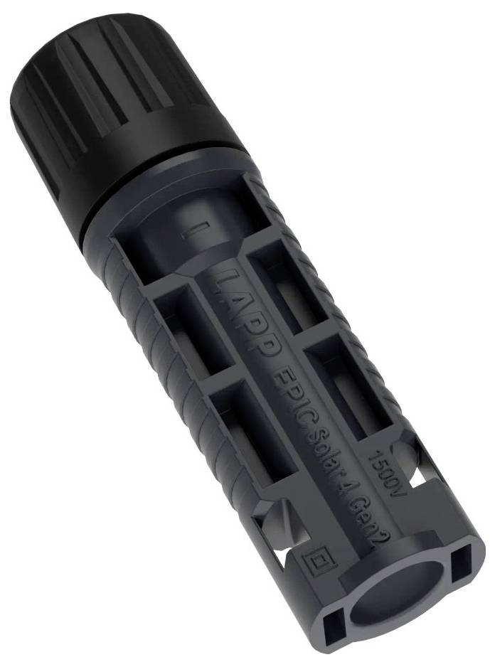 'Črni valjasti konektor z več vtičnicami, označen LAPP EPIC® S6H-LB (6+PE), 1500V.'