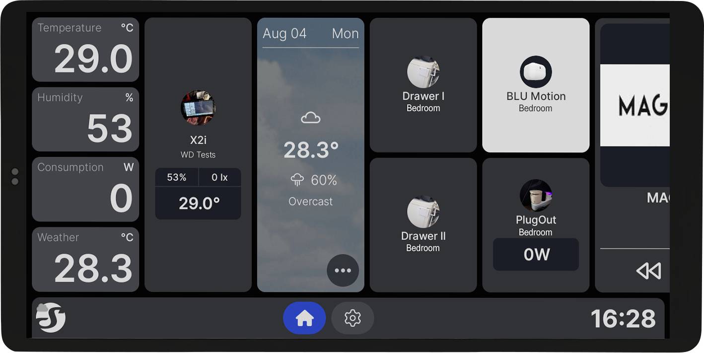Nadzorna plošča pametnega doma, ki prikazuje metrike: Temperatura 29°C, Vlažnost 53%, Poraba 0W, z gradniki za nadzor naprav in čas 16:28.