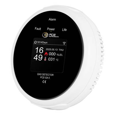 Bel stenski nameščen detektor plina s črnim prednjim prikazovalnikom, ki prikazuje "Alarm", "Napaka", "Napajanje", "Življenjska doba", čas, datum, raven plina 000 %LEL in 31°C.