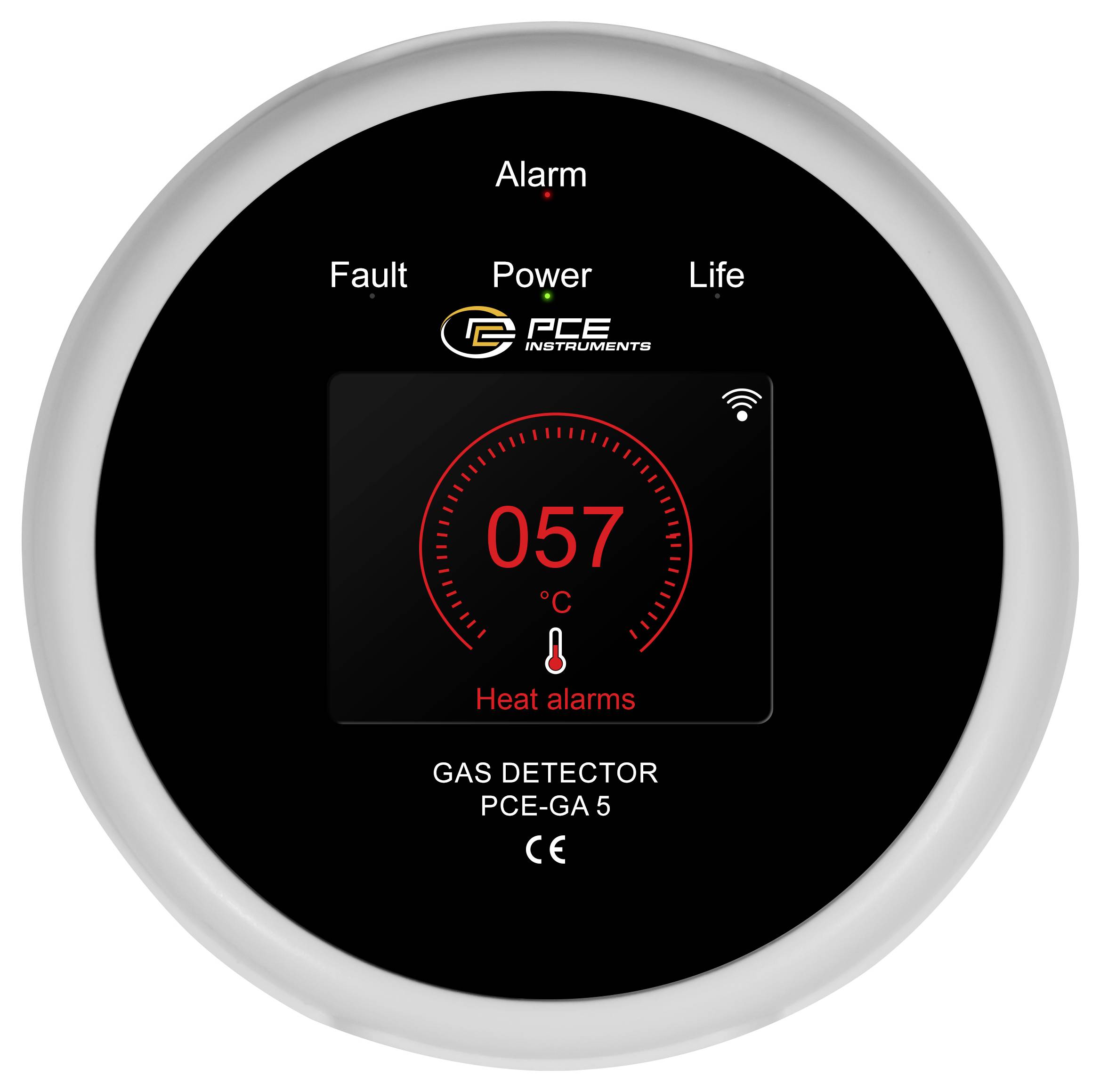 Okrogli zaslon detektorja PCE plina, ki prikazuje 057°C z aktivnimi 'Alarmami za toploto', indikatorske oznake Alarm, Napaka, Napajanje in Življenjska doba.