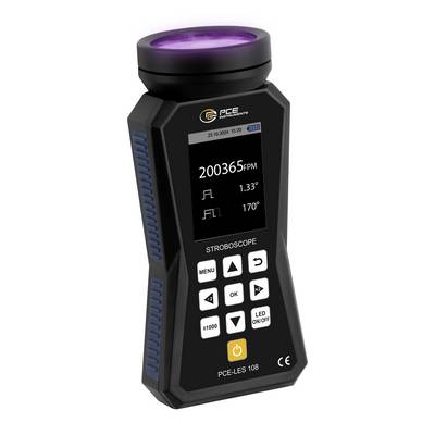 Prenosni stroboskopski merilnik PCE s prikazom, krmilnimi gumbi in vijoličnim obojenim zgornjim objektivom na belem ozadju.