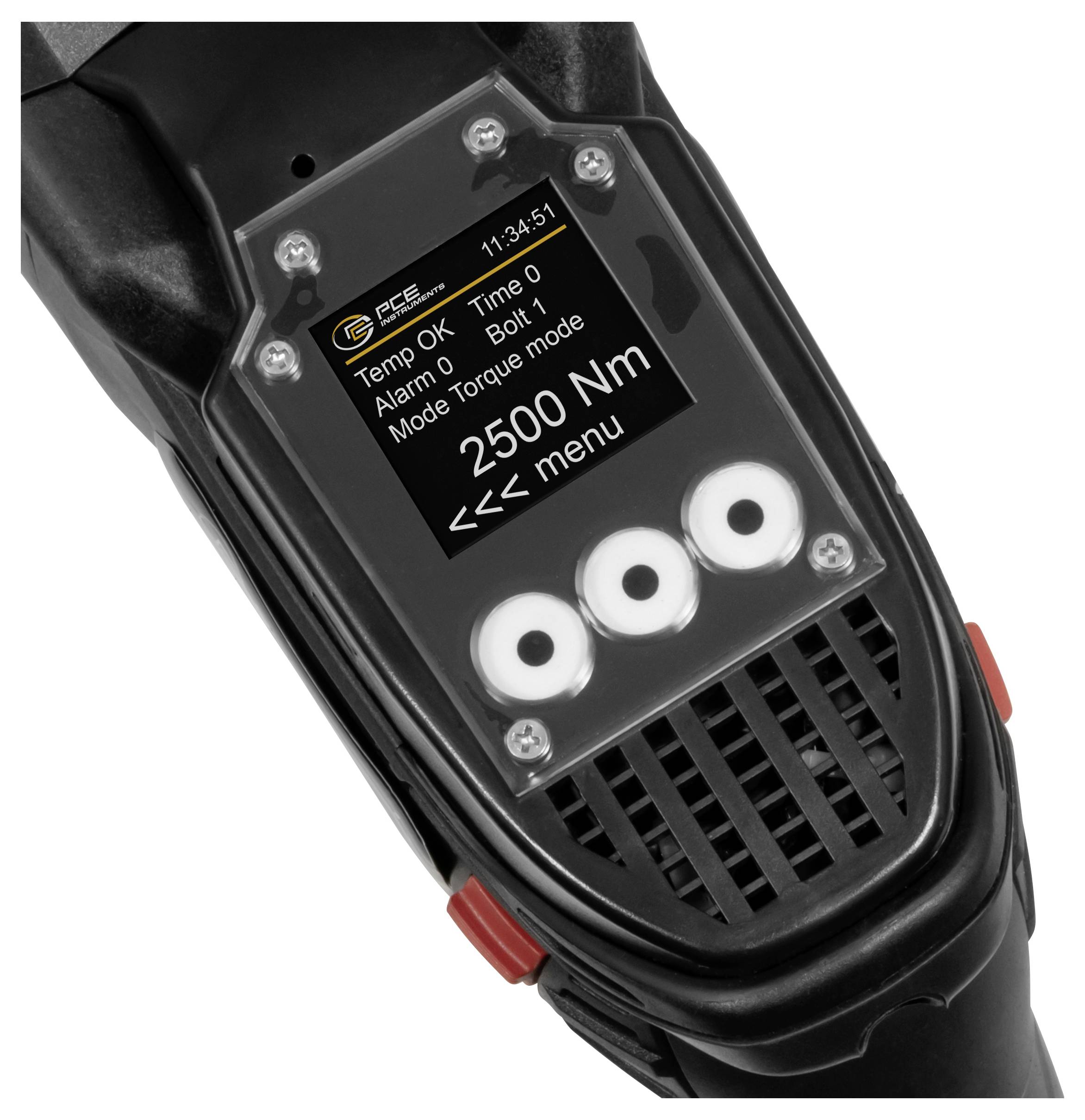 Ročno orodje za merjenje navora z digitalno zaslonko, ki prikazuje 2500 Nm, besedilo statusa in tri kontrolne gumbe na ročaju.