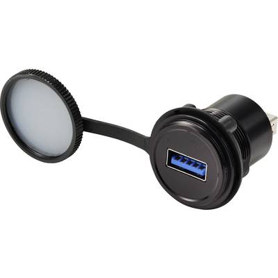 Približni pogled na polnilnik USB s zaščitnim pokrovom. Polnilnik je zasnovan za namestitev na armaturno ploščo in prikazuje modri vhod USB.