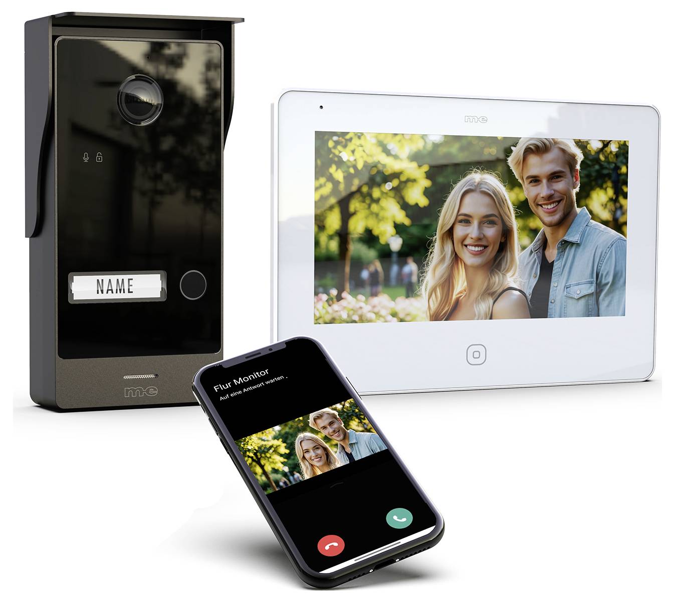 Domači interfonski sistem s kamero na prostem, zaslonom na dotik v notranjosti, ki prikazuje nasmejan obiskovalce, in vmesnikom mobilnega telefona.