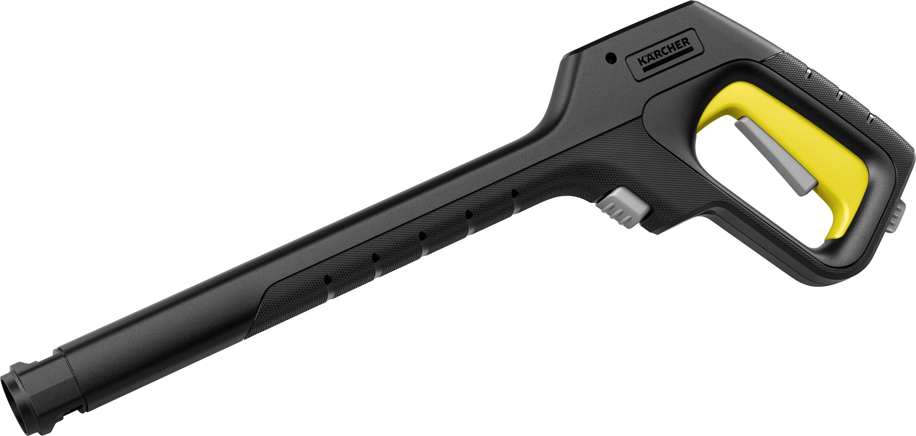 Črna in rumena ročica visokotonskega čistilnika s ergonomskim prijemom in mehanizmom sprožilca.