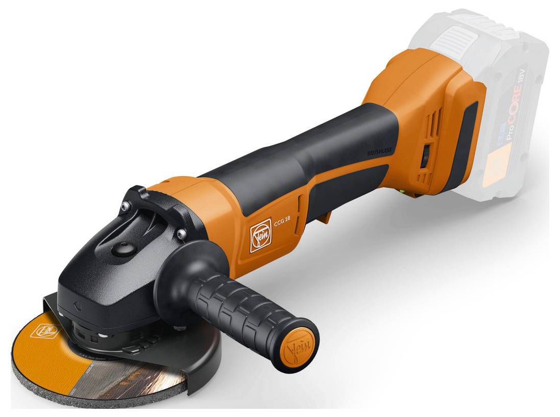 Oranžen in črn brezžični kotni brusilnik s ploščo in ergonomsko ročajem, prikazujočim logotip blagovne znamke na strani.