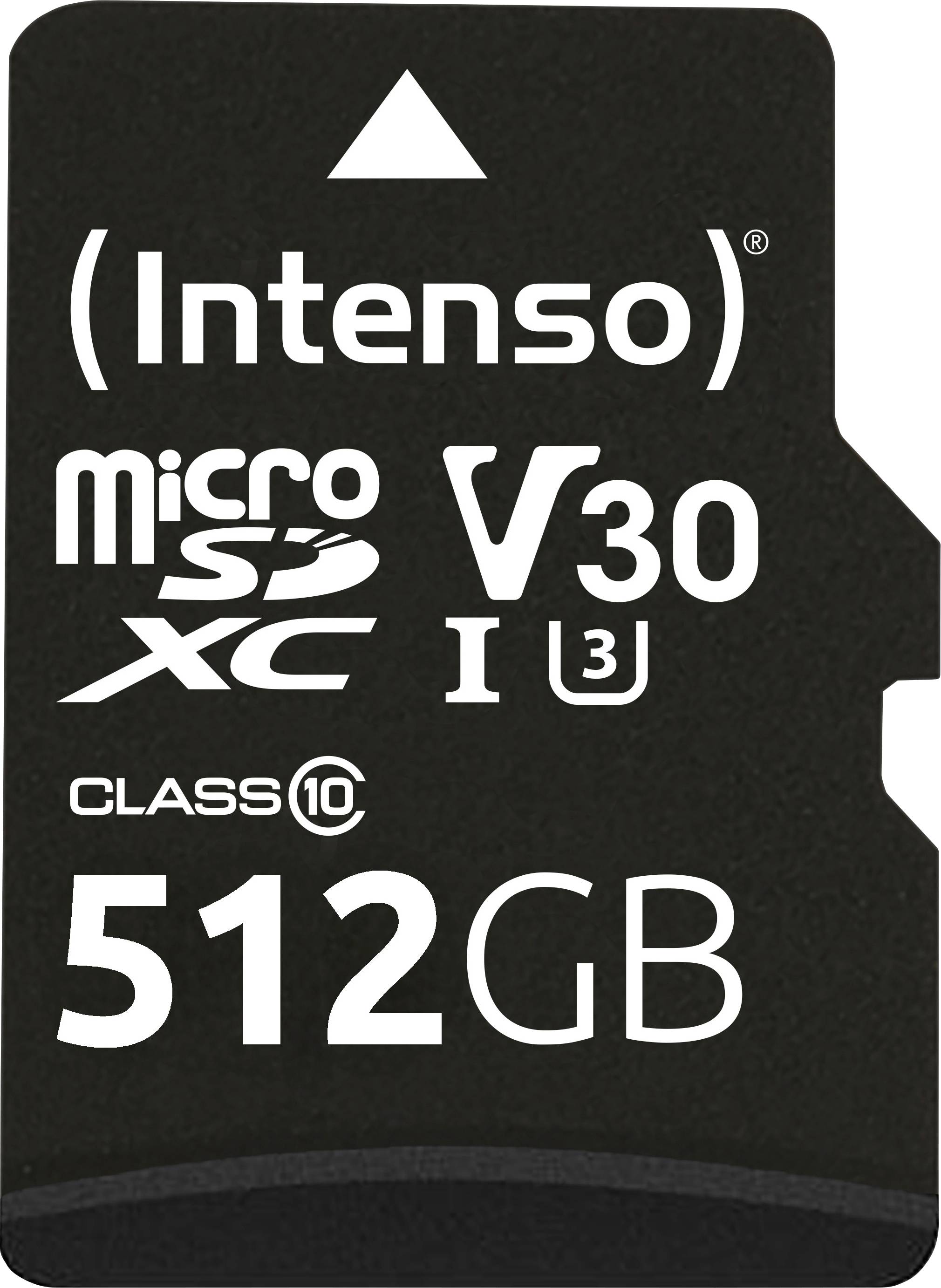 Kartica MicroSD blagajna »Intenso«, 512 GB, V30, U3 in razred 10, ki kaže na zmogljivosti hitrega prenosa podatkov.