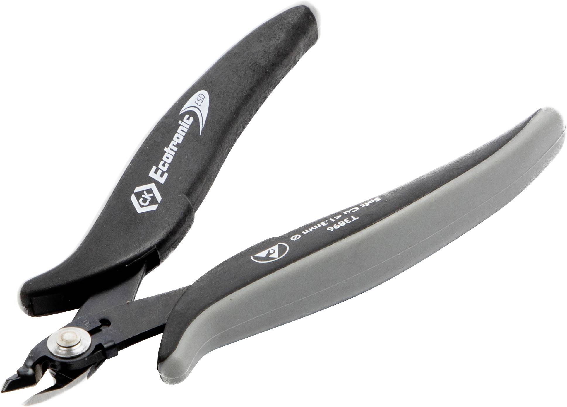 Črne erematske rezalne klešče z ergonomskimi ročaji in nagnjenim rezilom za natančno rezanje v elektroniki ali obdelavi nakita.