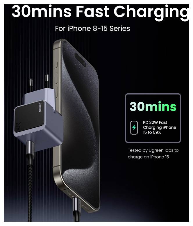 UGREEN UGREEN Nexode X503 30W GaN Charger 1C polnilni adapter 30 W USB-C® siva-1